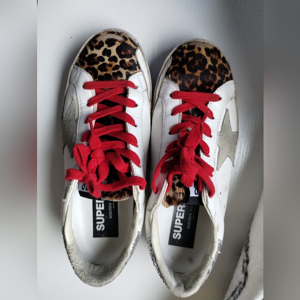 Golden Goose White Sneakers with Leopard Toe and Red Laces